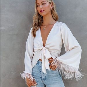 VICI Feathers in the Wind silk bell sleeve feathered top